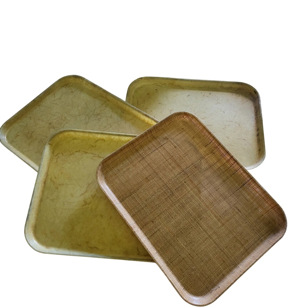 4 pc Vintage Silite Fiberglass Cafeteria Trays Burlap Grasscloth Approx 18x14